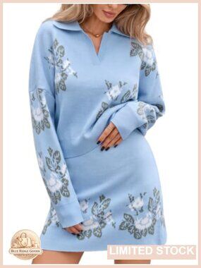 Women's Floral Jacquard Knit Two Piece Sweater and Mini Skirt Set